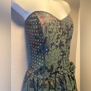 Scott McClintock 90s vtg Green & Brown Damask Print Sequin Strapless Dress - 12